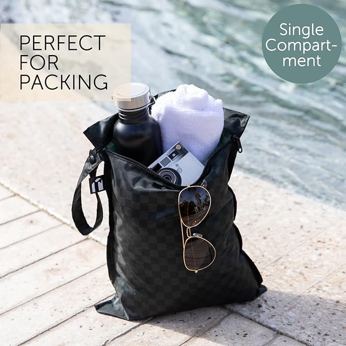 Bumkins Roamio - Waterproof Wet Bag - For Baby, Travel, Swim Suit, Cloth Diapers, Pump Parts, Pool, Gym, Toiletry, Strap to Stroller - Reusable & Easy to Clean - 2pk - Black Check