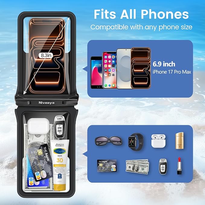 Niveaya Double Space Waterproof Phone Pouch - 2 Pack, Waterproof Phone Lanyard Case with iPhone 17/16/15/14/13 Pro Max up to 8.3", Phone Dry Bags for Vacation Beach Pool Kayak Cruise Travel Essentials