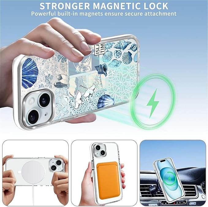 Case for iPhone 15,[Compatible with MagSafe],Sea Life Ocean Waves Seashell Collage Phone Case Design，for Women Girls Magnetic Clear Cover - Slim, Sleek, & Shockproof Protection
