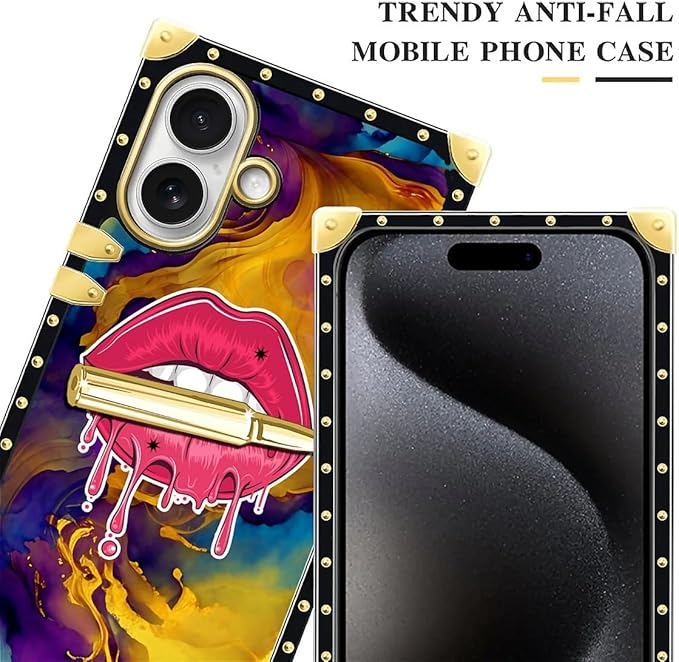 for iPhone 17 Case Luxury Golden Decoration for Girl Women Soft TPU Shockproof Protective Hard PC Back for iPhone 17 Crazy Pattern Cool Corlorful Lip Marble