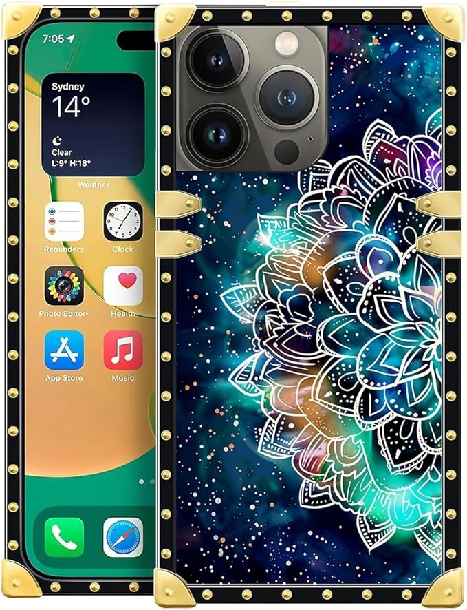 Compatible with iPhone 14 Pro Case, Starry Sky Colourful Mandala Luxury Golden Decoration for Girl Women Soft TPU Shockproof Protective Hard PC Back for iPhone 14 Pro