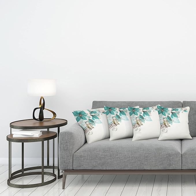 Ambesonne Turquoise Throw Pillow Cushion Case Pack of 4, Flowers Buds Leaf at The top Left Corner Season Celebrating Theme, Modern Accent Double-Sided Digital Printing, 18", Teal Brown