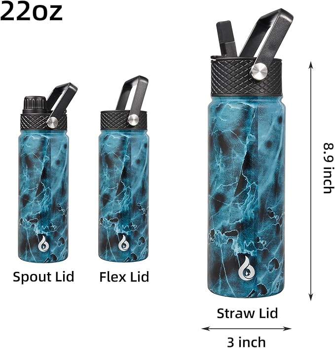 BJPKPK Insulated Water Bottles with Straw Lid, 22oz Cold & Hot Thermo, Stainless Steel Metal Water Bottle with 3 Lids, Reusable Thermo, Cups, Mugs for Daily Use-Ocean