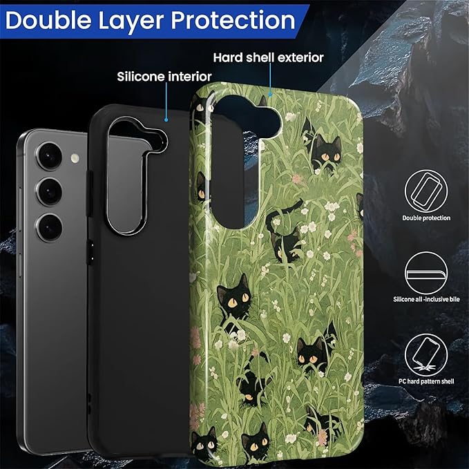 for Samsung Galaxy S23 Case,HL2 Grass Cat Hybrid 2 Layer Hard Shell Silicone Protective Pattern Design Case