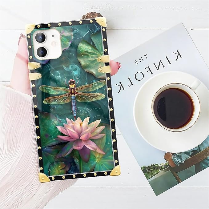 Compatible with iPhone 11 Case, Colourful Dragonfly Pink Lily Pads Luxury Golden Decoration for Girl Women Soft TPU Shockproof Protective Hard PC Back for iPhone 11