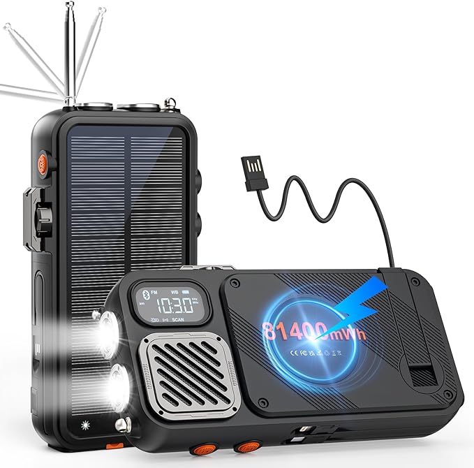 Emergency Radio&22000mAh Solar Power Bank, FM NOAA Weather Radio, Portable Hand Crank Bluetooth Radio, 20W Fast Charge Wireless Phone Charger, SOS Flashlight for Emergency/Home (Orange)