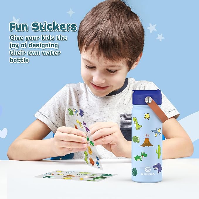 18oz Kids Water Bottle, Insulated Water Bottles with Stickers, 18/8 Stainless Steel Vacuum Leak Proof Straw Cup for School, Gifts for Boys Girls(Yellow,Blue)
