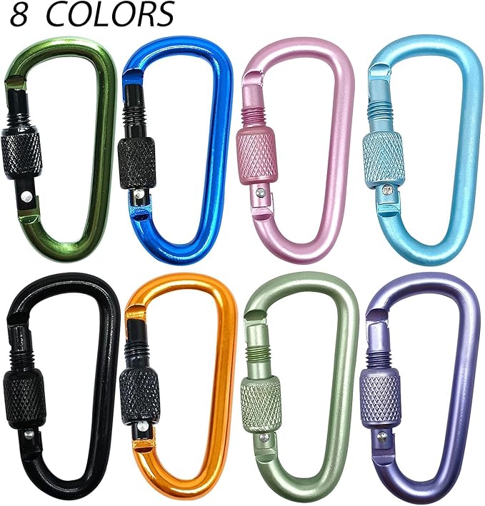 YUCHIYA 8 Pack D-Shape Carabiner Clasp with Screw Gate, 2.2 Inch Mini Keychain Clip Key Chain Buckle, Aluminum Alloy Keyrings Hook for Outdoor Hiking not for Climbing (D with screw, multicolor)