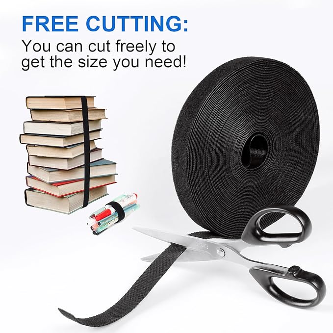 OneLeaf Hook and Loop Roll Reusable Fastening Cable Ties, 20ft x 1inch Black Heavy Duty Cord Organizer Straps, Free Cutting Multi-Purpose Cable Management Tape for Home and Office