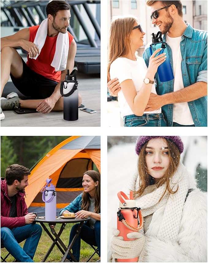 BENZZO Insulated Water Bottle 40oz - Triple Wall Metal Water Bottles with Straw & Spout Lid, Paracord Handle, Bottle Carrier Bag, Water Bottles Stainless Steel 40 oz