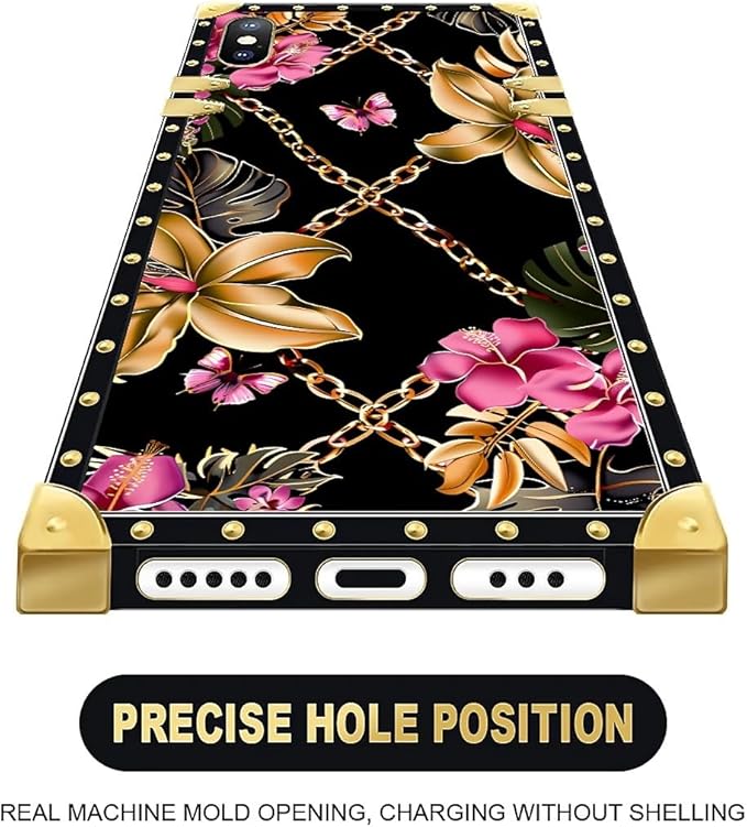 Compatible with iPhone XR Case, Pink Golden Chain Tropical Flower Luxury Golden Decoration for Girl Women Soft TPU Shockproof Protective Hard PC Back for iPhone XR