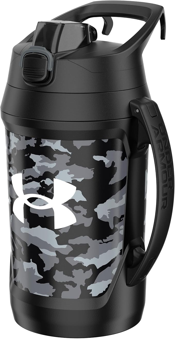 Under Armour Half Gallon Water Bottle Insulated, 64oz Insulated Water Bottle with Handle, Fence Hook, Leak Resistant, for Baseball, Football & More - Black Woodland