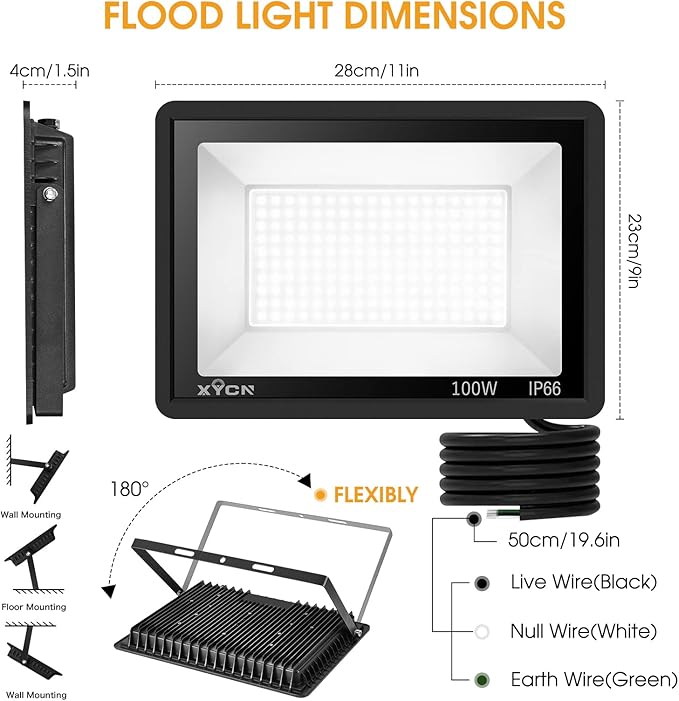 XYCN 4 Pack 100W LED Flood Light, IP66 Waterproof Outside Flood Light, 12500LM Super Bright Outdoor Security Lights, 5000K Daylight White Floodlight for Yard Garden Playground Basketball Court Patio