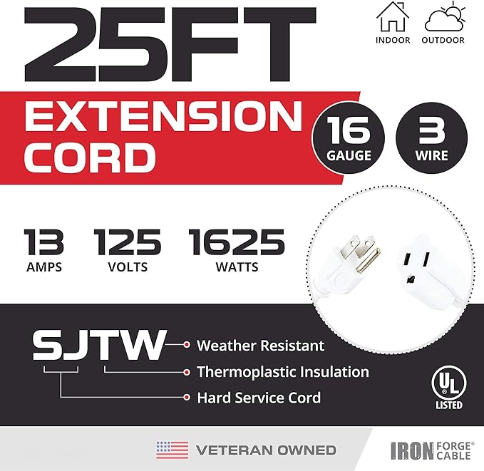 Iron Forge Cable Weatherproof 25 Ft Outdoor Extension Cord - 16/3 SJTW Heavy Duty White Extension Cord 3 Prong - 13 Amp Exterior Power Cable