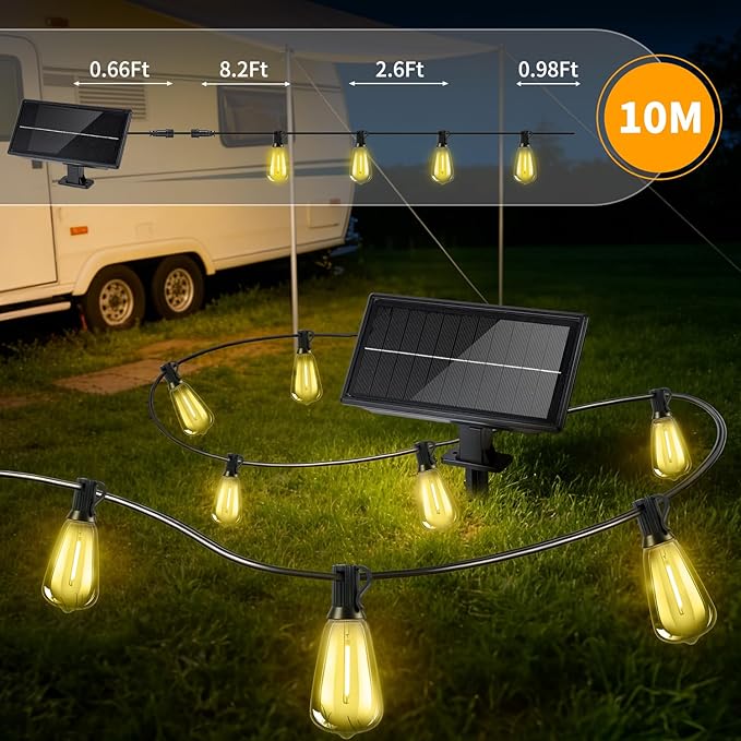Solar Lights Outdoor Waterproof: ST38 33FT 10M Shatterproof Bulbs Patio Lights - Solar Powered & USB Charging- Remote Control 3 Light Modes Dimmable Solar Light - Camping Backyard Garden