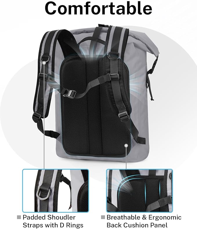 Gonex Ultralight Waterproof TPU Backpack, 55L Roll Top Dry Bag with Comfortable Padded Back Panel for Kayaking Boating Camping Fishing Travel,Grey