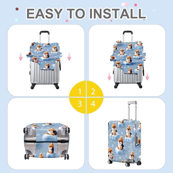 ANNA QUEEN Winter Penguin Luggage Cover, Cute Penguin on Ice Pattern Suitcase Protector, Washable Stretchable Travel Sleeve for 32-34 Inch Luggage