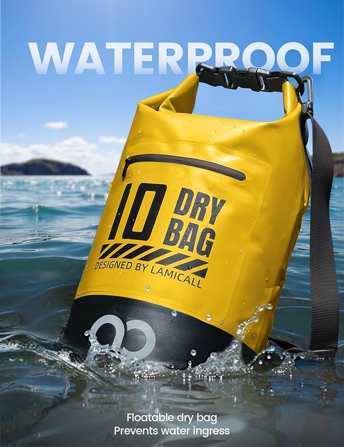 Lamicall Waterproof Dry Bag with Phone Pouch, Floating Roll Top Backpack, 10L, Yellow