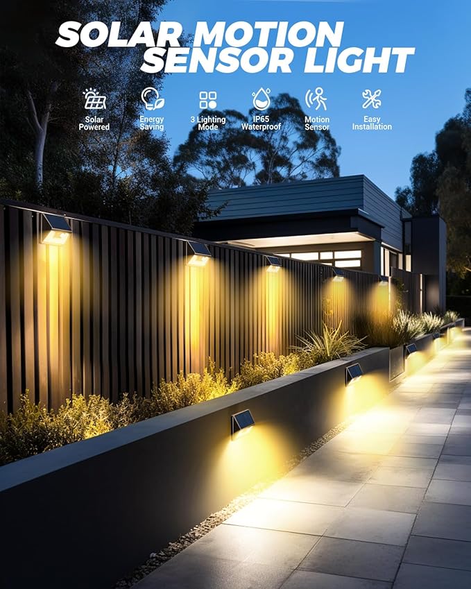 vighep 12 Pack Solar Fence Lights Waterproof, Motion Sensor Deck Lights Outdoor, Cold White LED Outside Lamp Wireless for Wall Yard Steps Stairs Garden - Brown