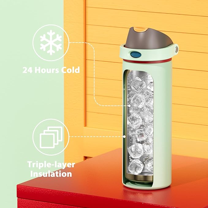 24 oz Insulated Water Bottle with Straw: Meoky Stainless Steel Metal Water Bottle with 2-in-1 Lid - Leak Proof, Cold for 24 Hours, Protective Silicone Base, BPA-Free for Sports Travel Car, Boneyard