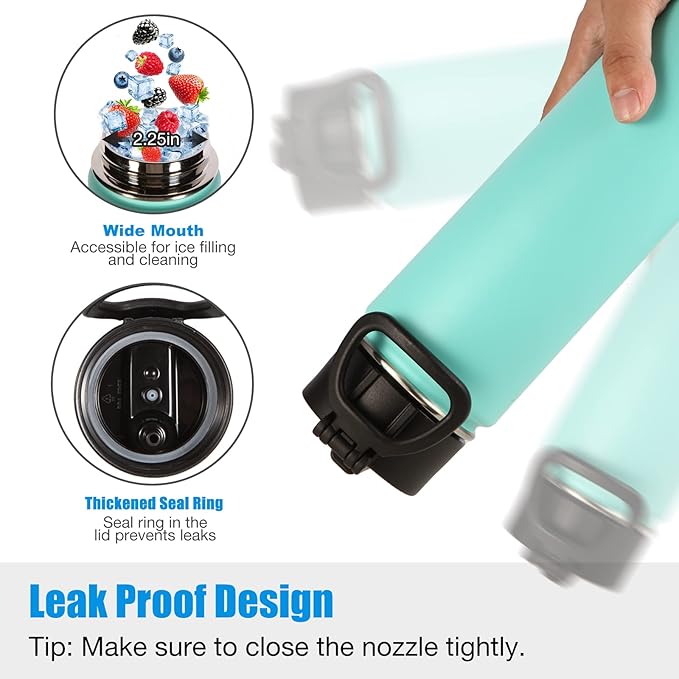 Volhoply 24 Ounce Insulated Water Bottle with Straw Lid,Stainless Steel Wide Mouth Sport Bottles with Handle,Double Wall Vacuum Cups Keep Cold,Reusable Travel Thermal Cups For Holder,Gym(Mint,1)