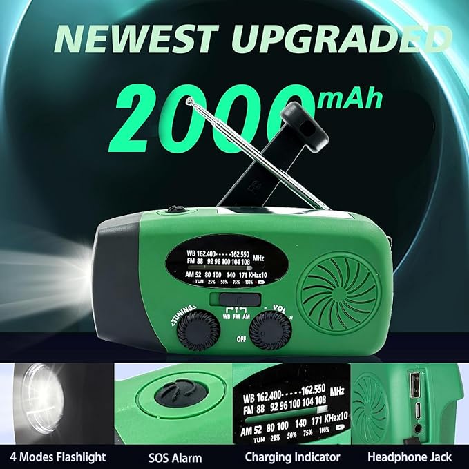 Emergency Hand Crank Radio with LED Flashlight for Emergency, AM/FM NOAA Portable Weather Radio with 2000mAh Phone Charger, USB Charged & Solar Power for Camping, Emergency (Army Green)