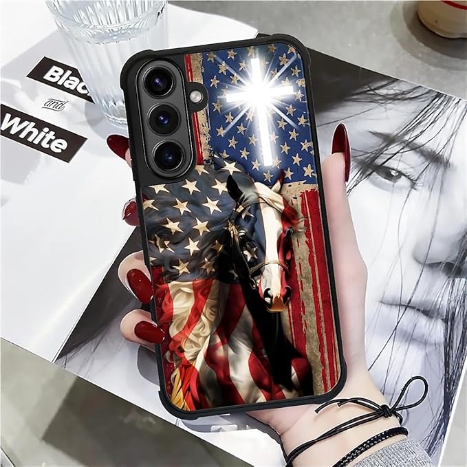 for Samsung Galaxy S26 Plus Case,Graphic Design for Girl Boy Soft Silicone Hard Acrylic Shock Protection Designed for Samsung Galaxy S26 Plus Red American Flag Horse Cross Pattern