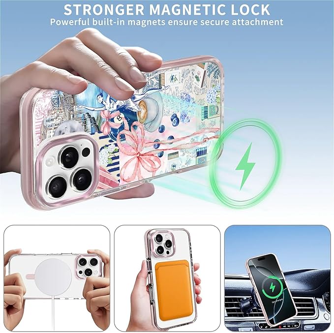 Case for iPhone 16 Pro,[Compatible with MagSafe],Pink Bow Girly Coquette Collage Phone Case Design，for Women Girls Magnetic Clear Cover - Slim, Sleek, & Shockproof Protection