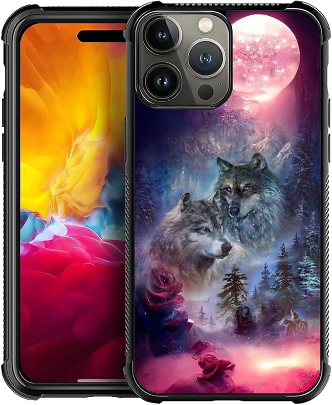 for iPhone 15 Pro Max Case, Star Two Wolfs Howling Pattern Graphic Design Girl Boy Soft Silicone Hard Acrylic Shock Protection for iPhone 15 Pro Max