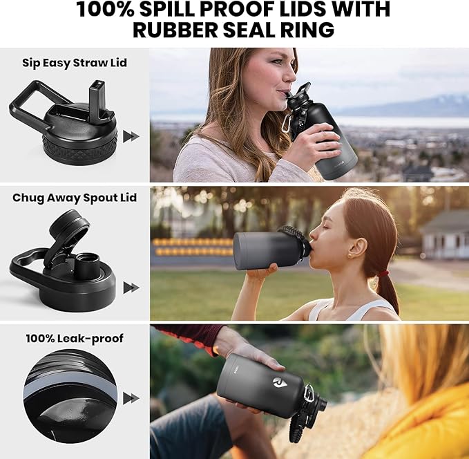 RAYMYLO Insulated Water Bottle 64 oz, Triple Wall Vacuum Stainless Steel (Cold for 48 Hrs), Leak Proof & Non-BPA, Half Gallon Water Flask Jug with Paracord Handle & Straw Spout Lids, Dark Gray