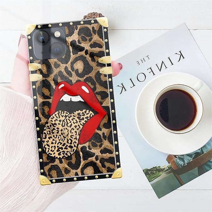 Compatible with iPhone 14 Case, Brown Leopard Print Mouth Luxury Golden Decoration for Girl Women Soft TPU Shockproof Protective Hard PC Back for iPhone 14