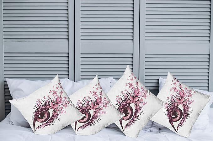 Ambesonne Butterflies Throw Pillow Cushion Case Pack of 4, Female Eye Eyelashes Mascara Stare Party Makeup Animal Print, Modern Accent Double-Sided Digital Printing, 24", Pink White