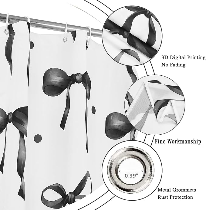 Black Bow Shower Curtain, Black and White Modern Aesthetic Bowknot with Polka Dot Cute Girly Bathroom Curtain Waterproof Fabric Machine Washable with Hooks, 36" Wx72 L