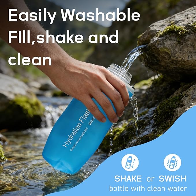 1L Soft Flask Water Bottle, Collapsible Water Bottle with Filter, Perfect for Hiking, Backpacking, and Camping - Blue