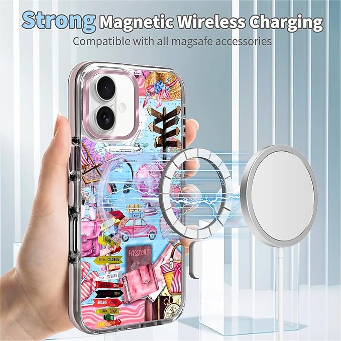 Case for iPhone 16 Plus,[Compatible with MagSafe],Cover Holiday Trip World Map Phone Case Design，for Women Girls Magnetic Clear Cover - Slim, Sleek, & Shockproof Protection