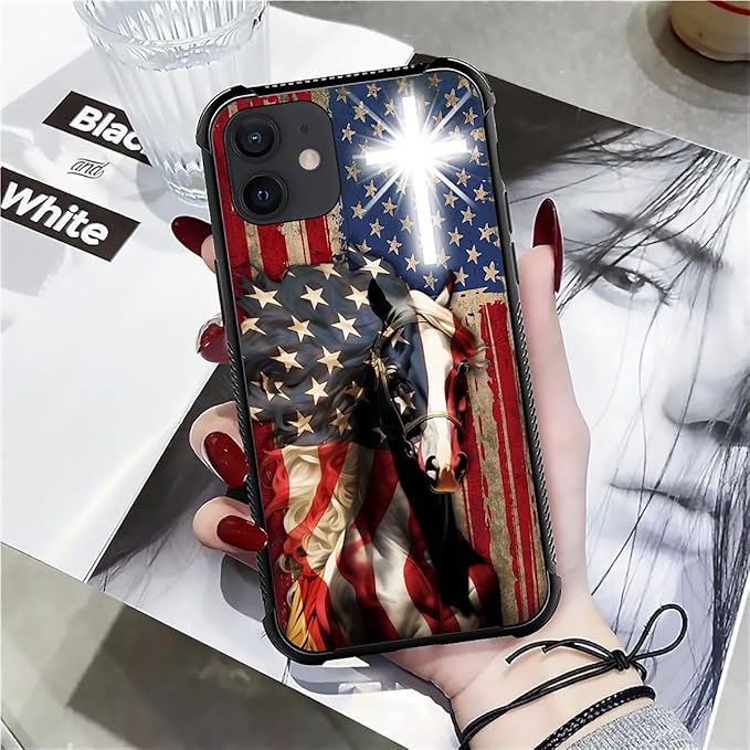 for iPhone 11 Case, Red American Flag Horse Cross Pattern Graphic Design Girl Boy Soft Silicone Hard Acrylic Shock Protection for iPhone 11