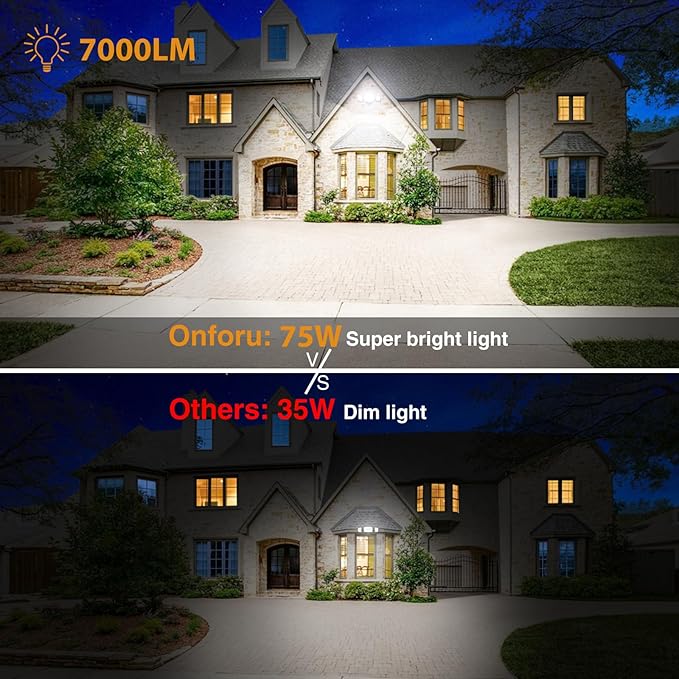 Onforu 75W Flood Lights Outdoor, 4 Packs 7000LM Super Bright Security Lights, 3 Adjustable Heads, IP65 Waterproof, 6500K Wall Mount Exterior LED Flood Light