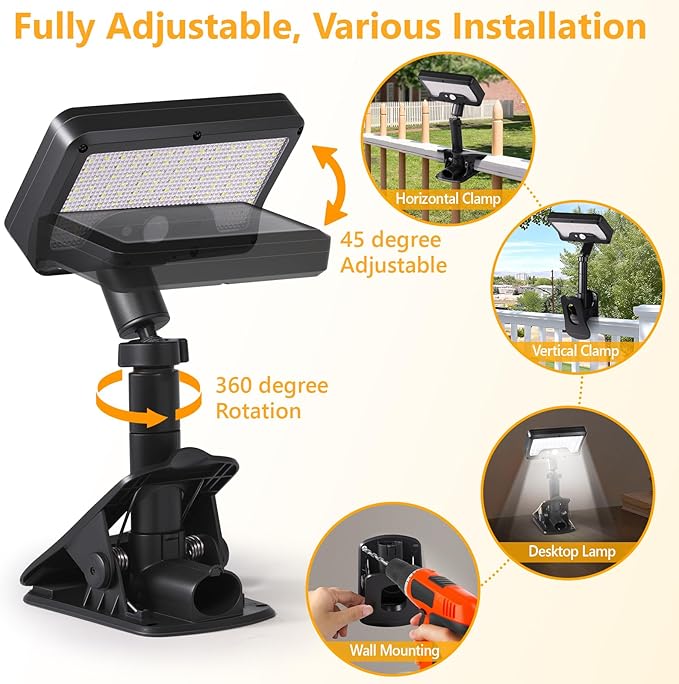 Clip on Solar Lights Outdoor with Motion Sensor, 360°Rotatable & Vertically Adjustable Solar Fence Lights with 92 LEDs (600 LM, 6000 K), IP65 Waterproof Security Light for Chain Link, Gutter, Camping