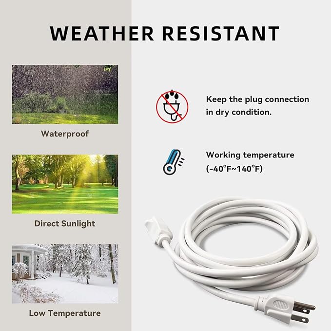 25ft Outdoor Extension Cord - 16/3 Heavy Duty SJTW Waterproof White Electrical Cable with 3 Prong Grounded Plug for Safety, Great for Lawn and Major Appliances