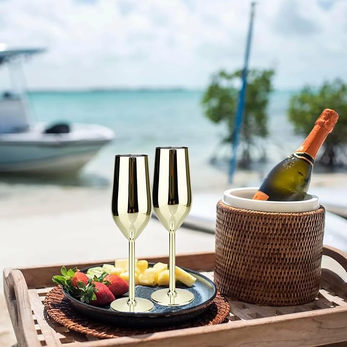 TJ Unbreakable 8 Oz Stainless Steel Champagne Flutes (2 Pack)- Gold Champagne Glasses - Reusable Indoor Outdoor Drinkware - Keeps Drink Cool for Longer - Gift Idea