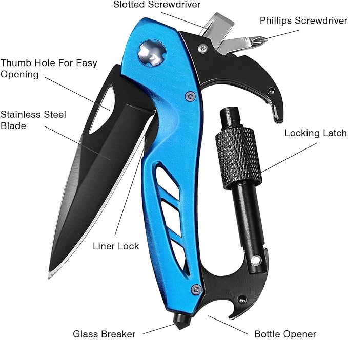 FUNBRO EDC Multitool Carabiner with Knife, Bottle Opener, Window Breaker and Screwdriver, Survival Knives Tools for Men Outdoor Camping (Blue)