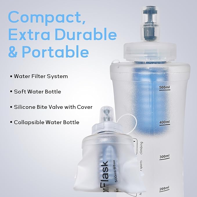 500ml Soft Flask Water Bottle, Collapsible Water Bottle with Filter, Perfect for Hiking, Backpacking, and Camping - White
