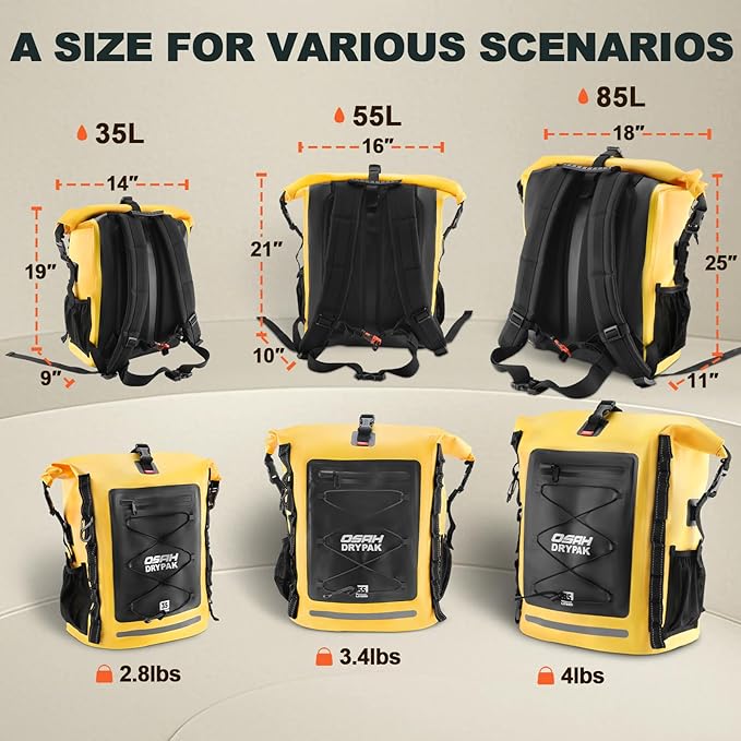 OSAH DRYPAK Waterproof Backpack Dry Bag 35L/55L/85L– Heavy Duty Roll-Top Hiking Backpack Sack Keeps Gear Dry for Travel, Kayaking, Boating, Camping, Rafting and Fishing