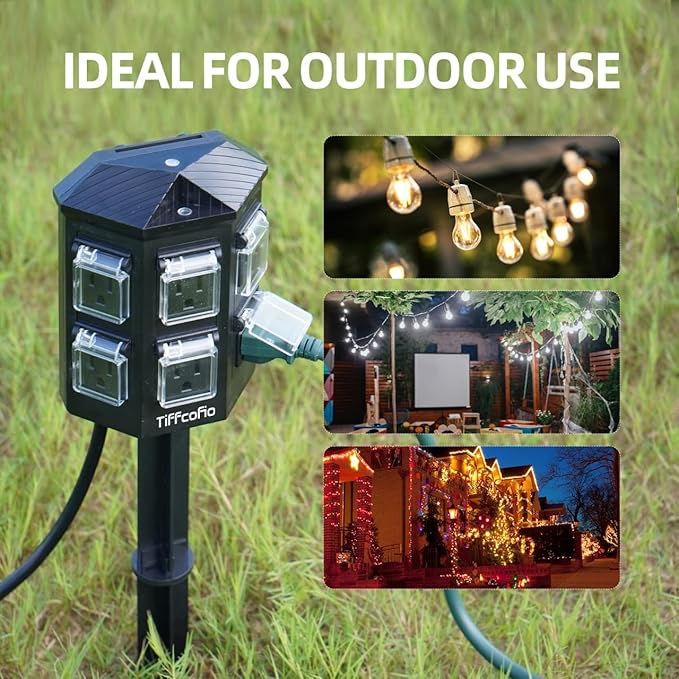 TiFFCOFiO Outdoor Power Strip with Stake Waterproof, 20 FT Extension Cord, 6 Grounded Outlets for Outdoor Lights, 14 AWG, 15A/1875W, ETL Listed