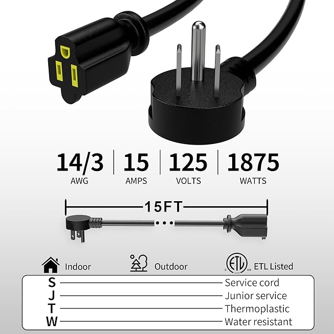 Vockjour 15 FT 2 Pack Black Low Profile Flat Plug 14 Gauge Heavy Duty Extension Cord, 14AWG 3-Wire Grounded Appliance Extension Cord, 15A/125V/1875W SJTW ETL Listed Power Cord