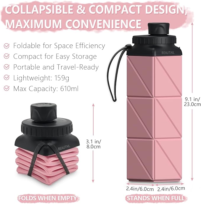 BEAUTAIL Collapsible Water Bottles, Silicone Foldable Water Bottle 610ml, BPA-Free Portable Reusable Leakproof Bottle for Gym Travel Camping Hiking Sports Outdoor, 1 Pack (Pink)