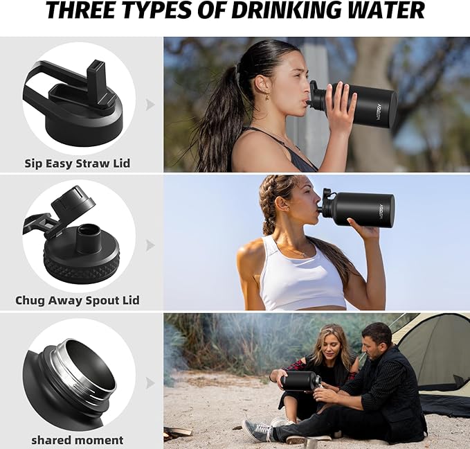 64oz Insulated Water Bottle (Cold for 48 Hrs),BPA Free&Leak Proof,Half Gallon Stainless Steel Water Flask,Water Jug with Straw Spout Lids for Gym,Hiking,Camping,Black