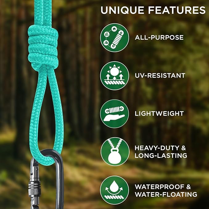 TECEUM Rope – 90 Feet x 1/4 Inch (7mm) – Green Wave – Strong All-Purpose Utility Rope – Camping, Crafting, Flag Pole, Indoor & Outdoor – Polypropylene Nylon Poly Lightweight Diamond Braided Cord