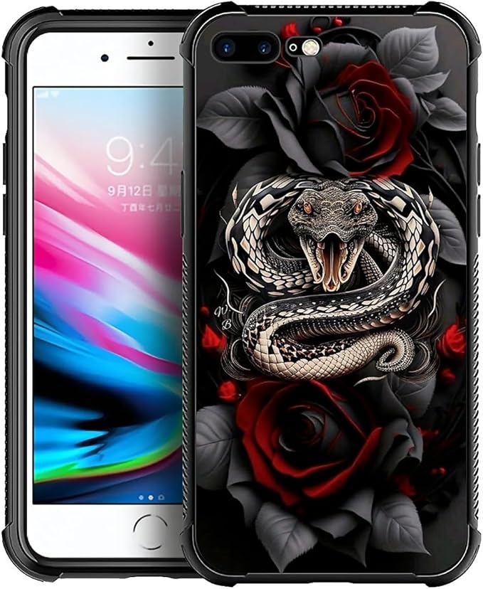 for iPhone 7/8 Case, Entwined Rose Snake Pattern Graphic Design Girl Boy Soft Silicone Hard Acrylic Shock Protection for iPhone 7/8