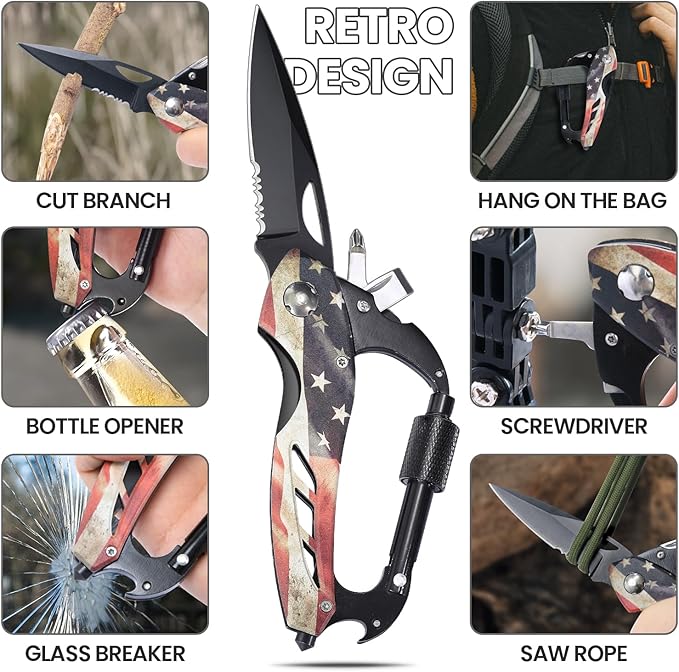 FUNBRO Multitool Carabiner Knife Tools for Men, Cool Gadgets Survival Gear with Folding Knives, Bottle Opener, Window Breaker and Screwdriver for Hiking Camping, 7-in-1 EDC Multi Tool (USA Flag)